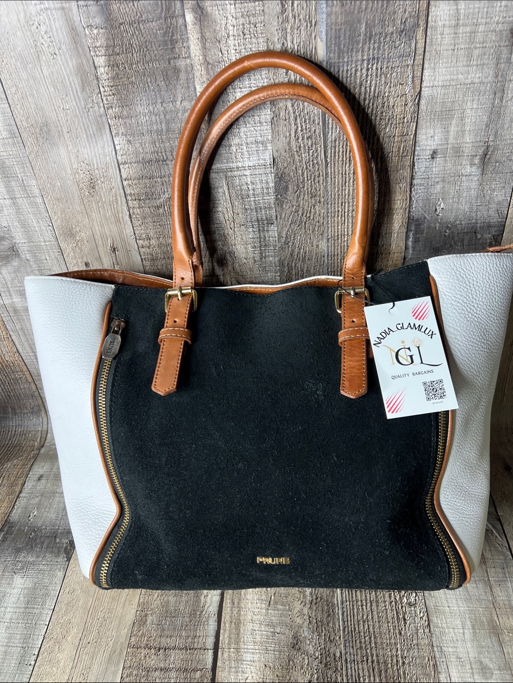 Prune Black and White Suede and Leather Tote bag